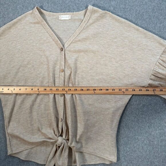 Altar’d State Waffle Knit Button Front Tie Top Women's Large Beige Ruffle Sleeve - Picture 6 of 10
